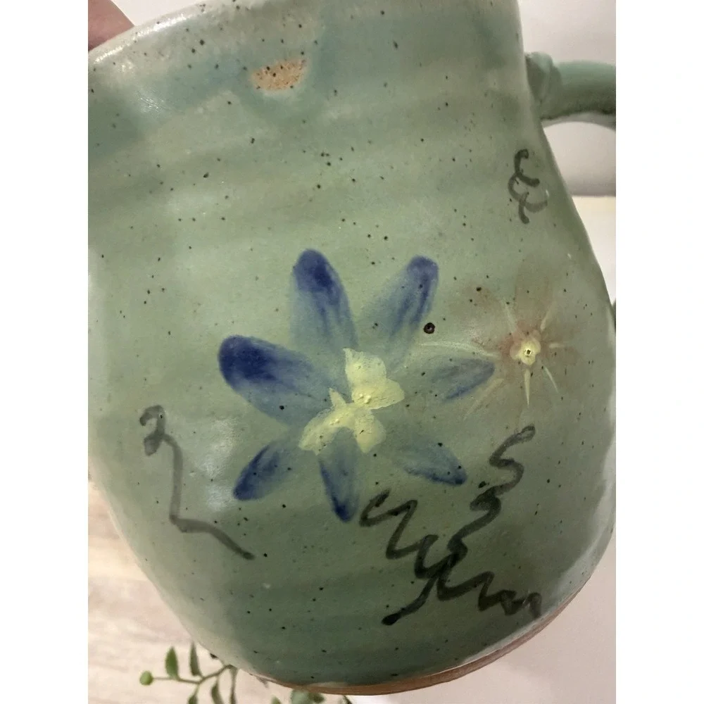 Vintage Signed Art Pottery Pitcher Stoneware Farmhouse Hand Painted Floral